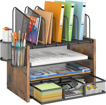 4-Tier Desk Organizer, Desk File Organizer with 5 Vertical File Holders, Office Desktop Organizer with 3 Level Paper Organizer Letter Tray, Wooden Desk Organizers and Accessories for Home Office