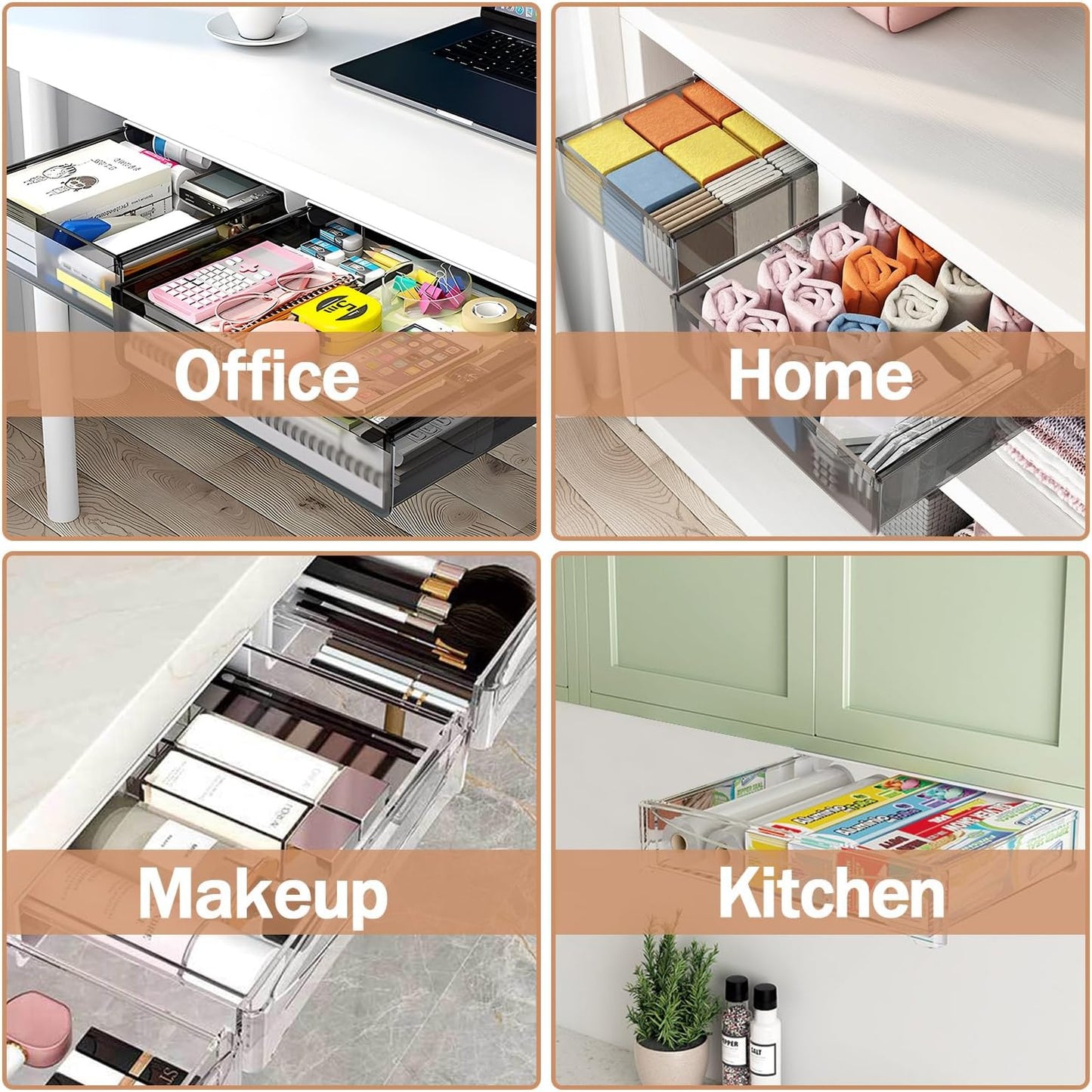 SVNNELP Under Desk Table Drawer Storage Organizer,3 Pack Large & Medium & Small Slide Out Desk Drawers - Hidden Desktop Organizer,Attachable Pencil Storage Tray Under Table(SML)