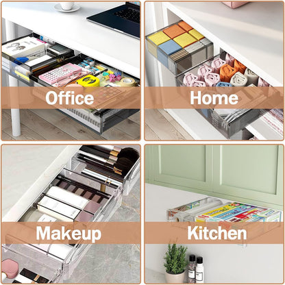 SVNNELP Under Desk Table Drawer Storage Organizer,3 Pack Large & Medium & Small Slide Out Desk Drawers - Hidden Desktop Organizer,Attachable Pencil Storage Tray Under Table(SML)