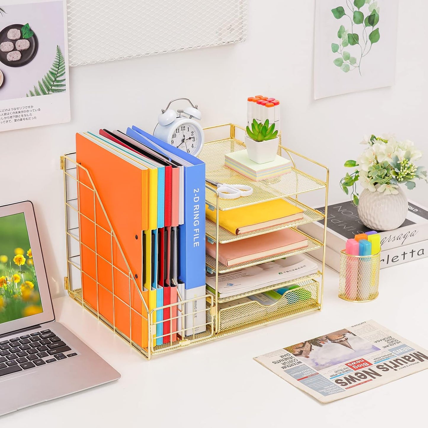 Marbrasse Desk Organizer with File Holder, 5-Tier Paper Letter Tray Organizer with Drawer and 2 Pen Holder, Mesh Desktop Organizer and Storage with Magazine Holder for Office Supplies(Black)