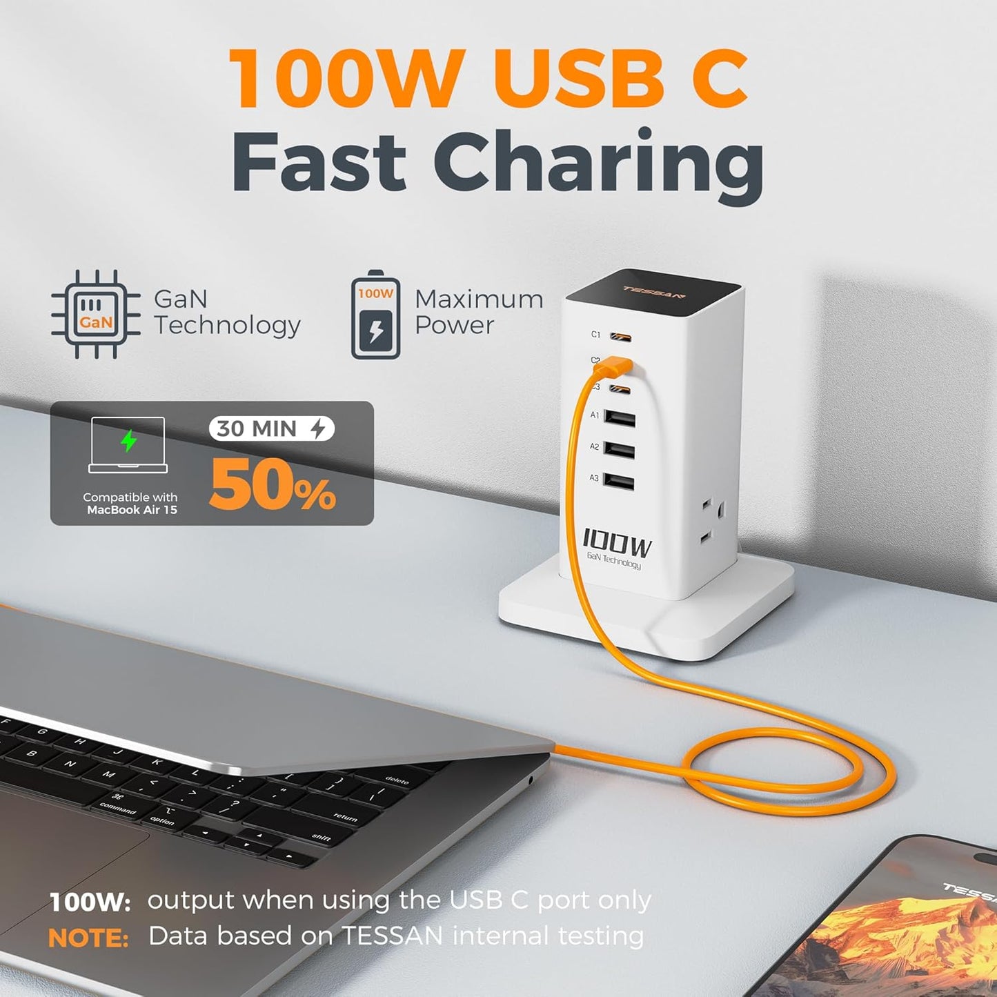 Charging Station for Multiple Devices, TESSAN 9-in-1 USB C Power Strip for iPhone 17/16/15, MacBook, Tablet, Desktop Phone Fast Charger with 3 AC, USB Charger, Home Drom Office Accessories, White-65W