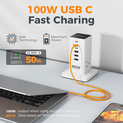 Charging Station for Multiple Devices, TESSAN 9-in-1 USB C Power Strip for iPhone 17/16/15, MacBook, Tablet, Desktop Phone Fast Charger with 3 AC, USB Charger, Home Drom Office Accessories, White-65W