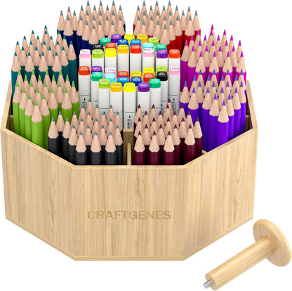 CraftGenes Bamboo Rotating Pen Organizer for Desk, 360° Spinning Desk Organizer with 10 Compartments, Wooden Pencil Holder, Desk Caddy for Office Supplies, Marker Organizer for Office Home School