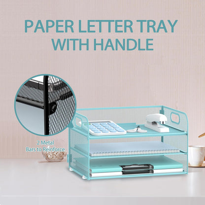 Supeasy 3 Tier Paper Organizer with Handle, Mesh Desk Organizer Letter Tray, Paper Tray File Organizer for A4 File Folder, Black