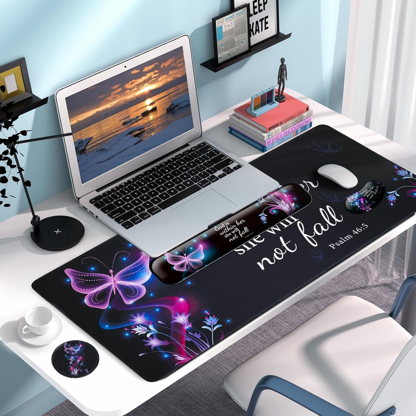 Keyboard Wrist Rest + Mouse Pad with Wrist Support + Desk Mat + Coaster 4 in 1 Set, XXL Large Gaming Mousepad Cute Ergonomic Mouse Pads for Desk Computer Laptop Office Decor-Beach