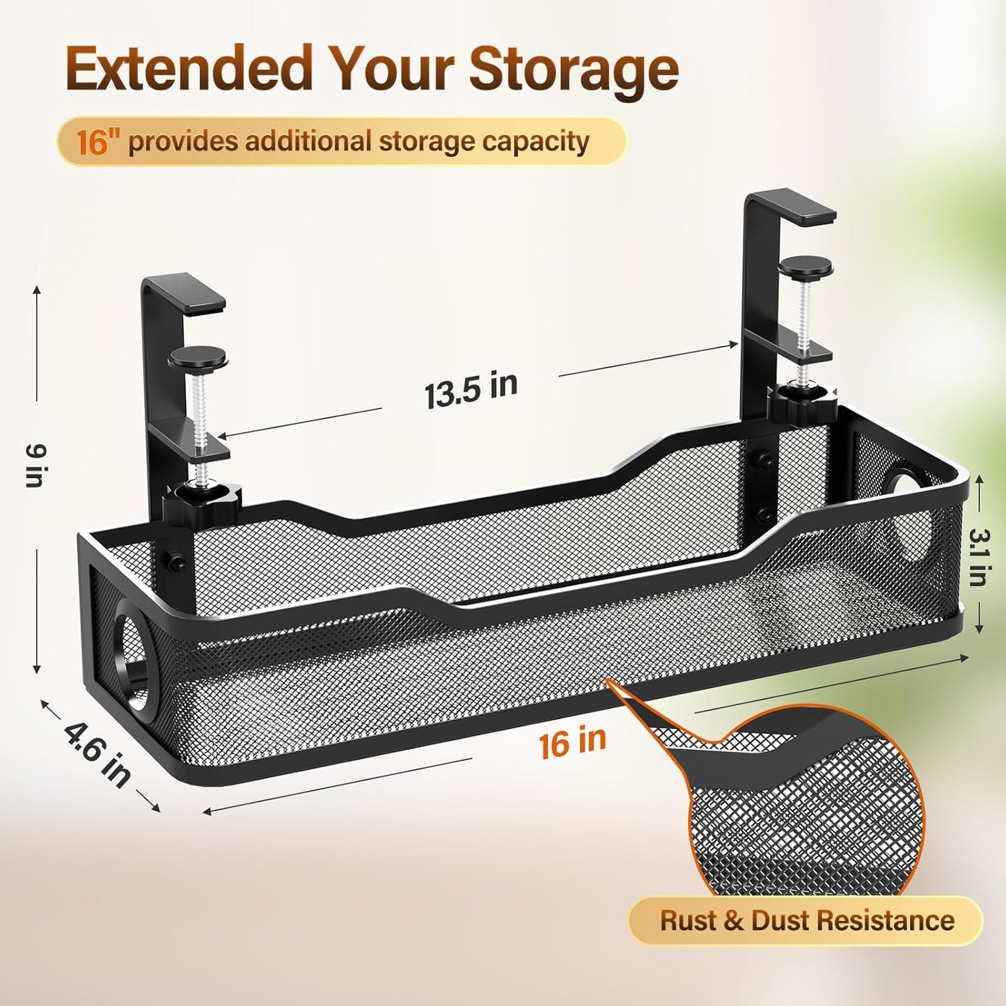 Under Desk Cable Management Tray White, Cinati Wire Organizers No Drill, Cable Tray with Clamp for Wire Management, Cord Organization Box for Office, Home - No Damage to Desk