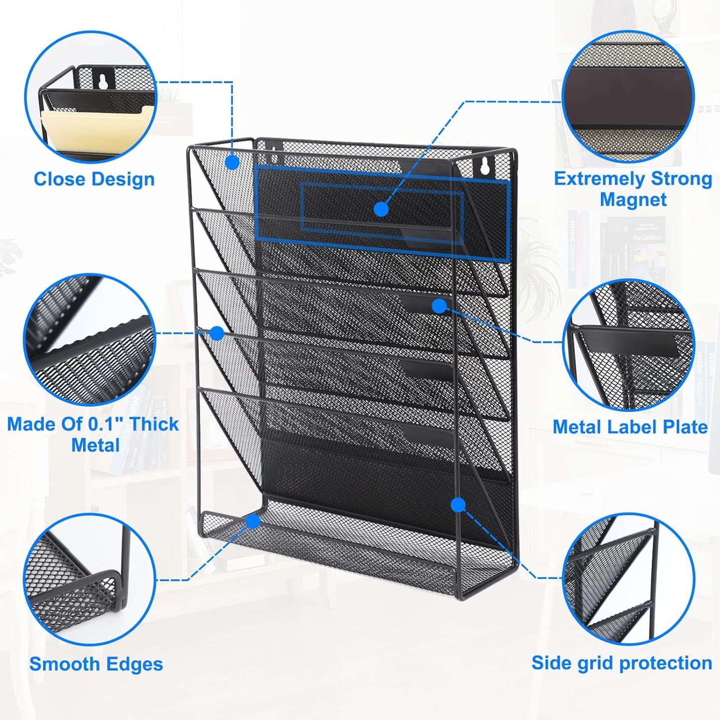 EASEPRES Desk File Organizer Mesh 6-Tier, Hanging Wall Mount Document Organization Stand, Desktop Vertical Mail Paper Folder Holder Rack with Bottom Tray for Office Home Cubicle Countertop, Black