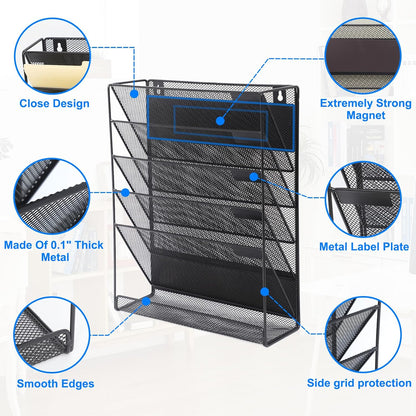 EASEPRES Desk File Organizer Mesh 6-Tier, Hanging Wall Mount Document Organization Stand, Desktop Vertical Mail Paper Folder Holder Rack with Bottom Tray for Office Home Cubicle Countertop, Black