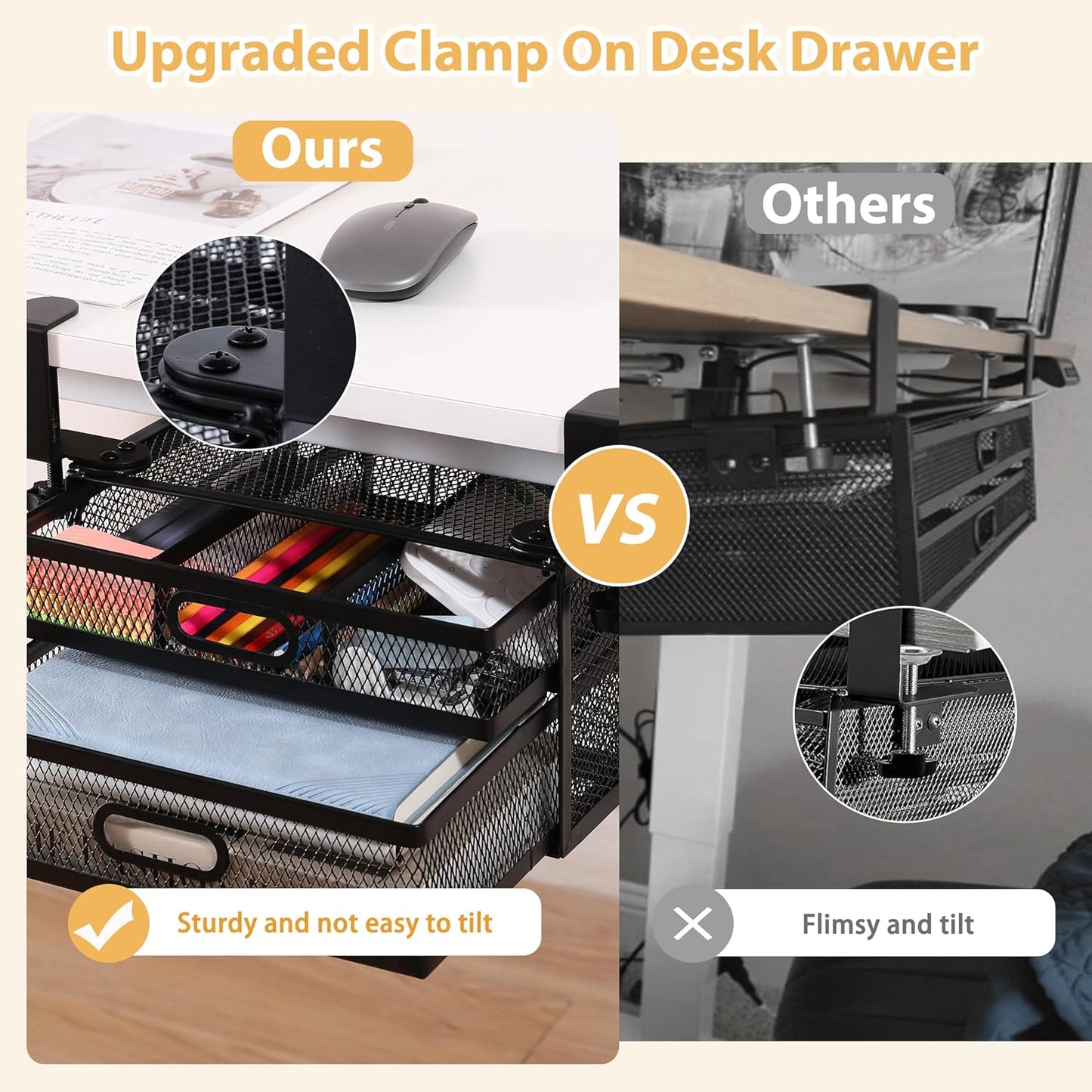 Sliding Under Desk Drawer Organizer No Drilling 2 Drawers Slide Out Desktop Or Under Table Storage Metal Clamp On Desk Drawer Attachment Anti-Slip Desktop Organizer for Home & Office, White