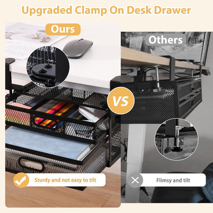 Sliding Under Desk Drawer Organizer No Drilling 2 Drawers Slide Out Desktop Or Under Table Storage Metal Clamp On Desk Drawer Attachment Anti-Slip Desktop Organizer for Home & Office, White