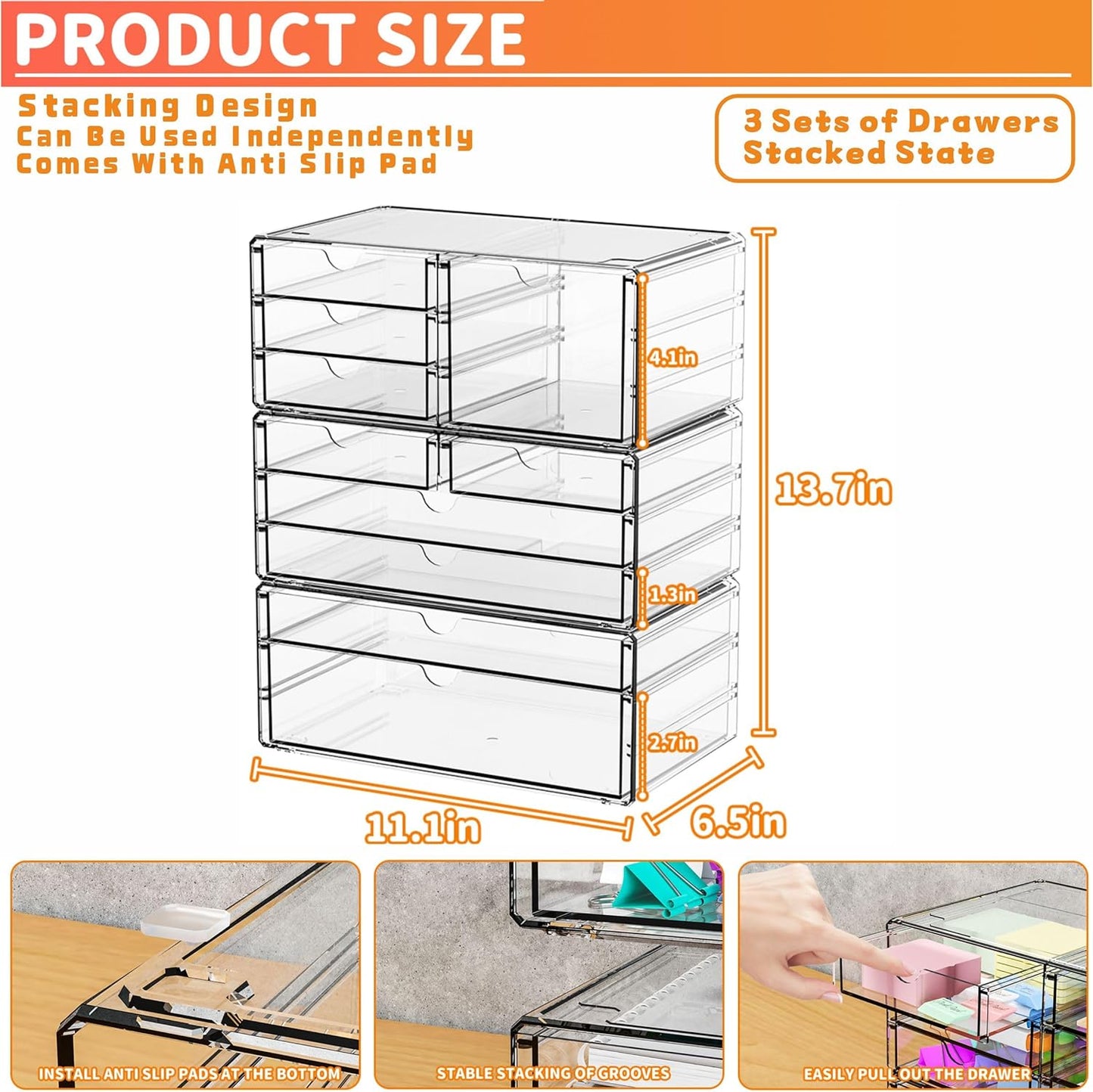 Yieach 2 Pack Acrylic Drawer Organizer With 6 Drawers,Stackable 11.1” Large Clear Storage Drawers and Makeup Organizer For Vanity,Bathroom Countertop,Cabinet,Pantry,Office Supply Storage Bins Drawers