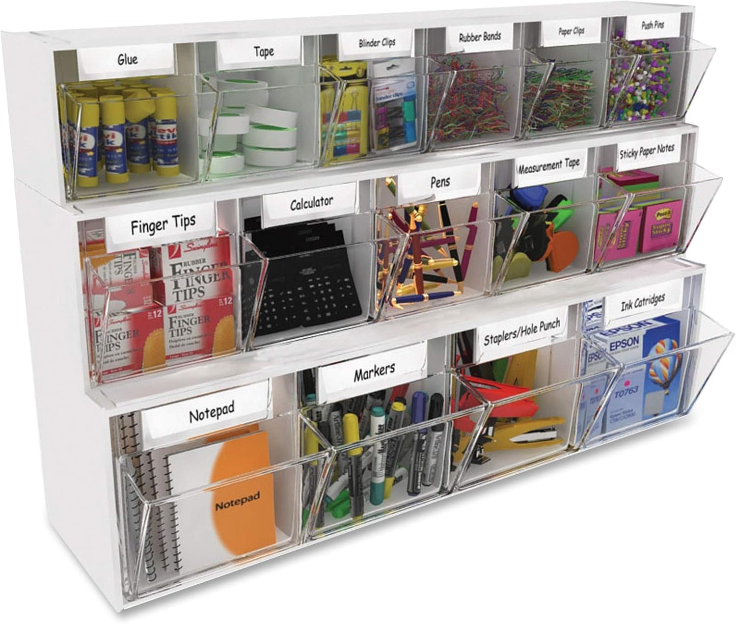Deflecto Interlocking Tilt Bin, 9 Bin Unit, Clear and White, 23-5/8” x 3-5/16” x 2-5/8” (20903OP)