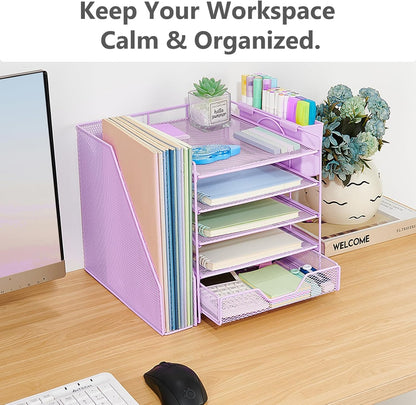 Desk Organizer, 5-Tier Paper Letter Tray Organizer with File Holder, Drawer and Pen Holder, Desktop Organizer for Office Supplies, Black