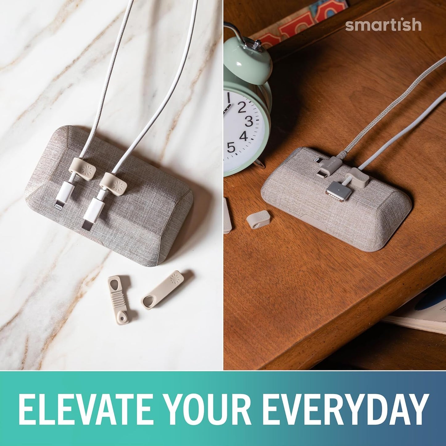 Smartish® Magnetic Cord Holder - Cable Wrangler Organizer with Magnet Clips for Charger Management on Desktop, Nightstand for USB-C + Lightning - Lightly Toasted Beige