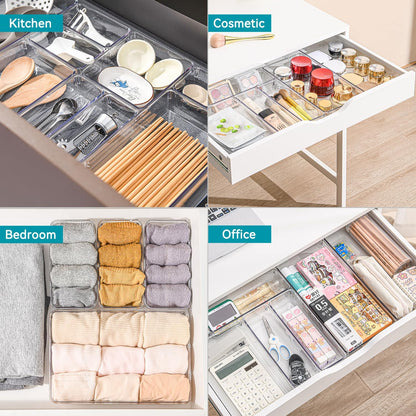 Voova 6 Pack Plastic Drawer Organizers Set,3-Size Kitchen and Office Desk Drawer Organizer Trays, Acrylic Non Slip Storage Bin Divider for Makeup,Jewelry,Gadgets Utensils,Bedroom,Bathroom Vanity,Clear