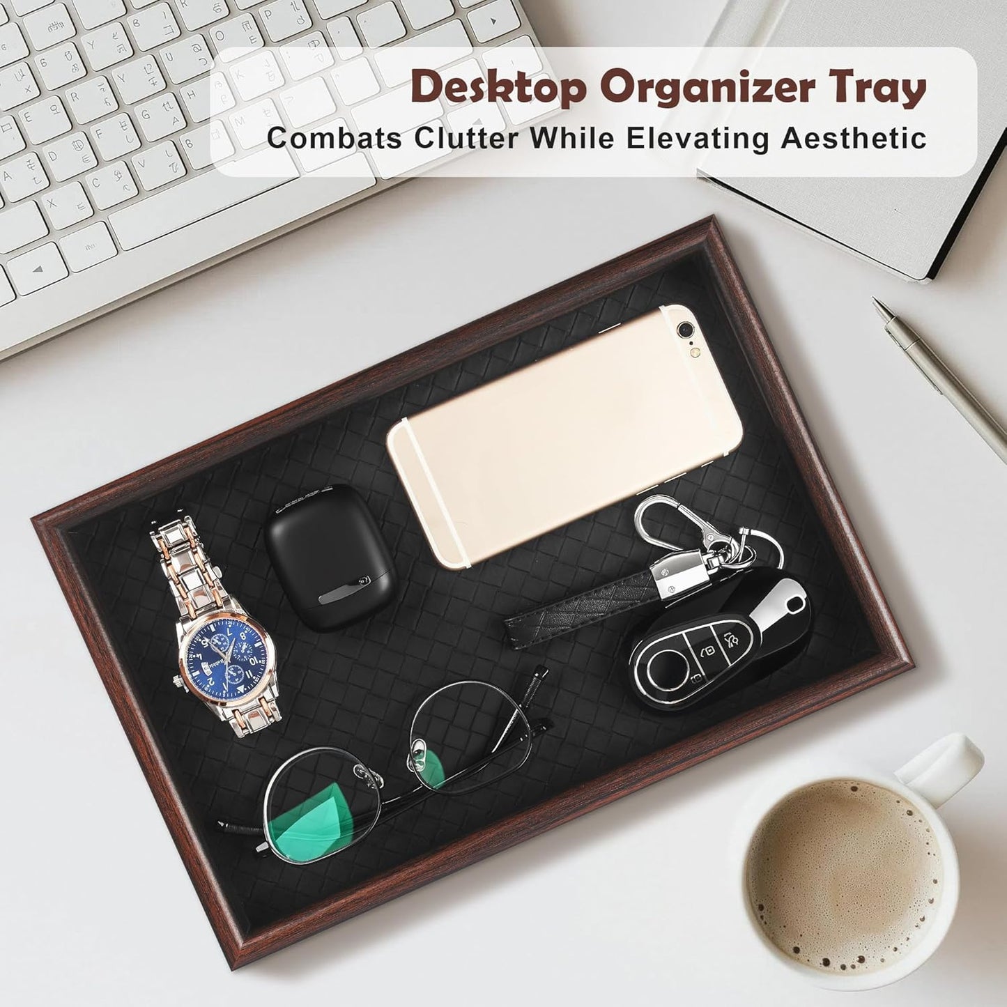 Zosenley Wooden Valet Tray with Leather Base - Nightstand Catchall Organizer for Cologne, Perfume, Keys, Wallet, Phone, Watch, Jewelry & Sunglasses (Black)