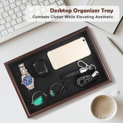 Zosenley Wooden Valet Tray with Leather Base - Nightstand Catchall Organizer for Cologne, Perfume, Keys, Wallet, Phone, Watch, Jewelry & Sunglasses (Black)