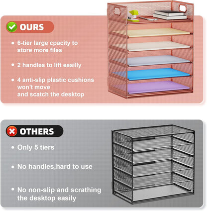 Marbrasse 6 Tier Paper Organizer Letter Tray - Mesh Desk File Organizer with Handle, Paper Sorter Organizer for Letter/A4 Office File Folder Holder - Black