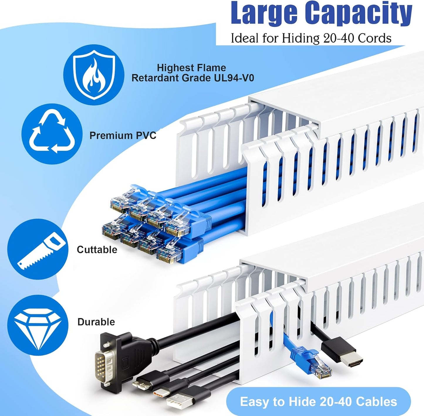 ZhiYo 2 x 2in Professional Server Rack Cable Management Raceway, 99in (6X L16.5in) Cable Raceway Kit, Electrically Safe PVC Open Slot Wire Raceway for Under Desk/Computer/Network Cords, Black