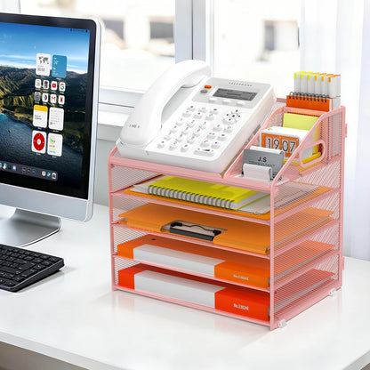 DocNest 4 Tier Metal Mesh Letter Tray - Space Saving Desk File Organizer with Handle, Pen Holder & Folder Holder - Desktop Document Sorter for Office, Home, School, Classroom - Black