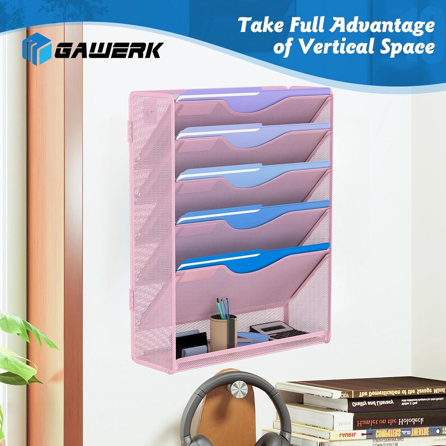 Gawerk 5 Tier Hanging Wall File Organizer, Mesh Mail Paper Orgnization Hanging File Folder Holder for Home Office, Black