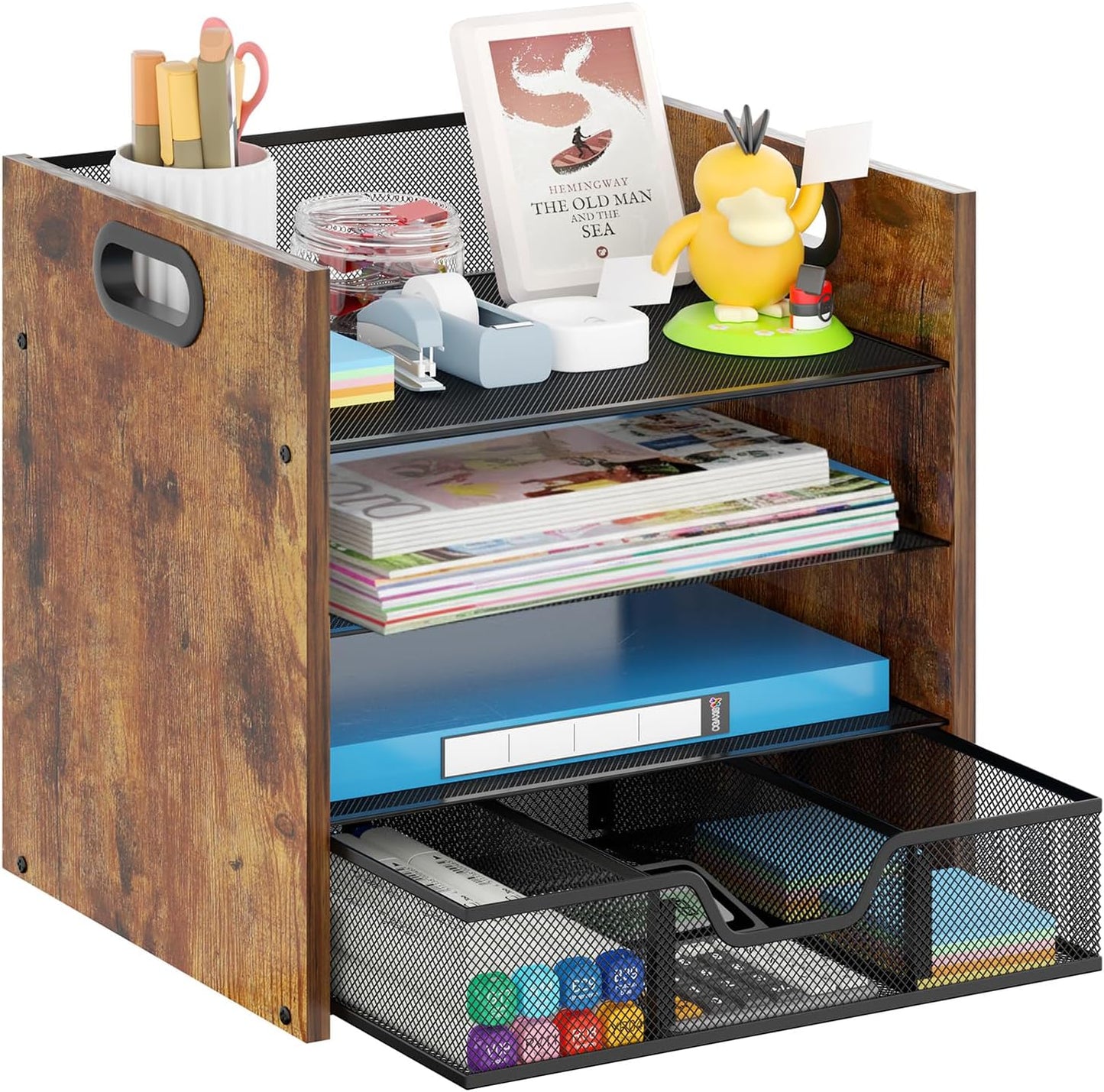 Wood Desk Organizer - 3-Tier Desktop File Organizer with Drawer, Wooden Paper Tray, Office Desk Organzier and Accessories for Papers, Mail, Notebooks, Stationery