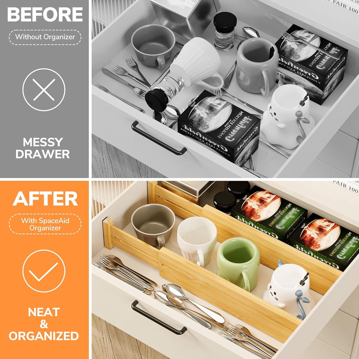 BAMEOS Drawer Dividers kitchen Organization Bamboo Utensil Organizers for Kitchen Bedroom Bathroom Dresser Office 4-pack