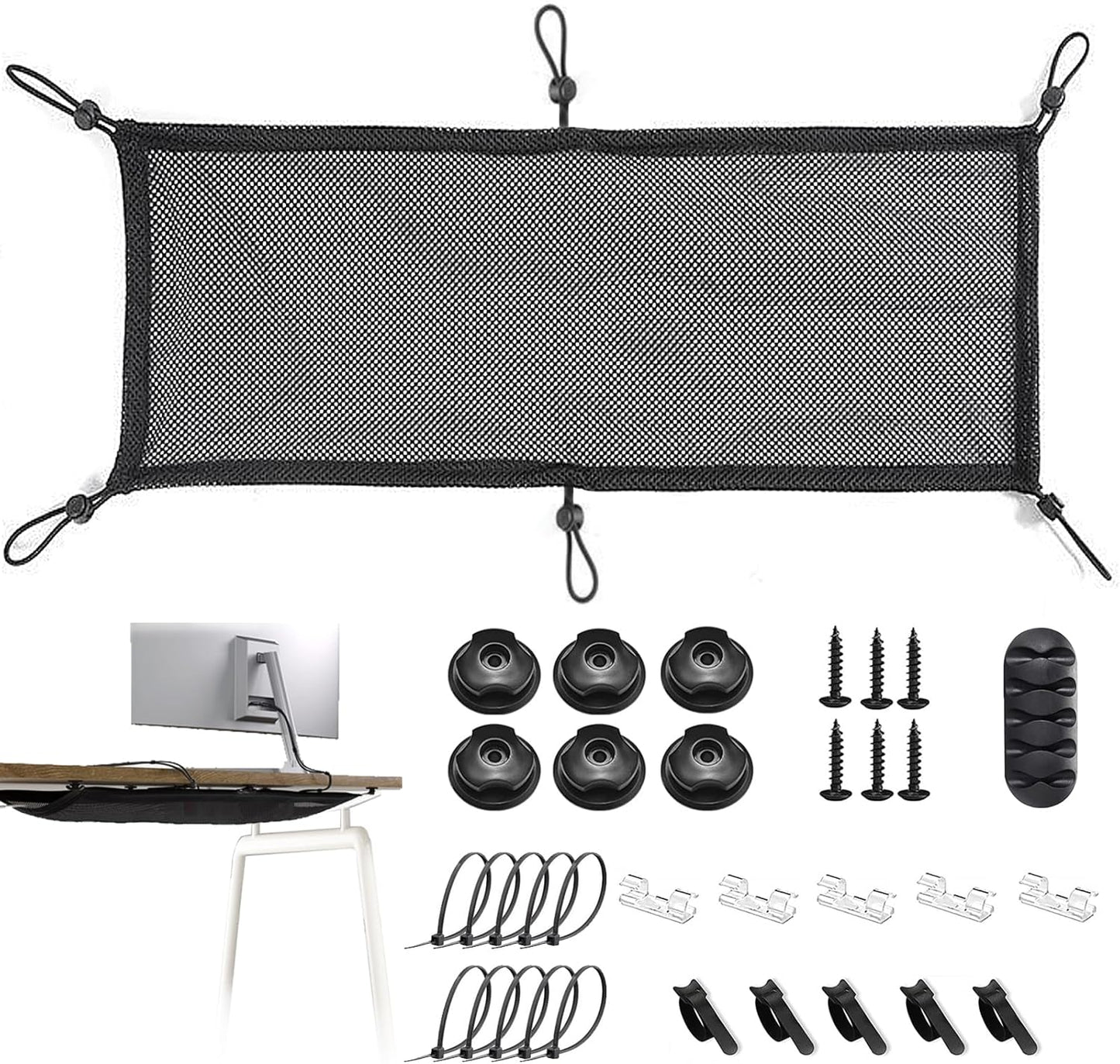 Under Desk Cable Management Net, 36PCS Under Table Cord Management Mesh Organizer Flexible Wire Hiders, Extra Large Capacity Wire Management Kit Under Desk, Fits Most Tables