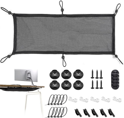 Under Desk Cable Management Net, 36PCS Under Table Cord Management Mesh Organizer Flexible Wire Hiders, Extra Large Capacity Wire Management Kit Under Desk, Fits Most Tables