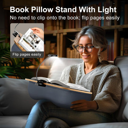 Reading Book Pillow Stand with 3-Color Adjustable Light, Hands-Free Book Holder for Bed or Lap, Wooden Surface, AAA Batteries Required