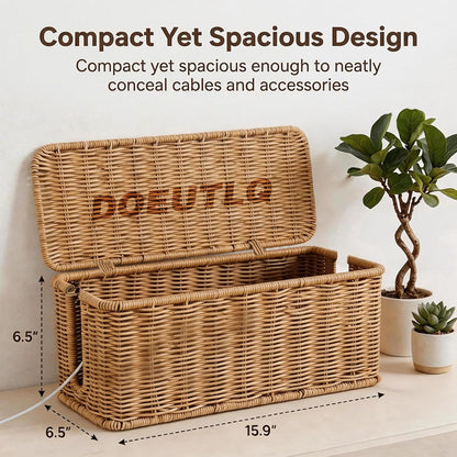 Desk Organizer Decorative Rattan Decor Countertop Cable Management Box Charging Station for Appliances Cord Hider Office Storage Router with Lid Under Wire Tech Basket Extension Phone Cute Handmade