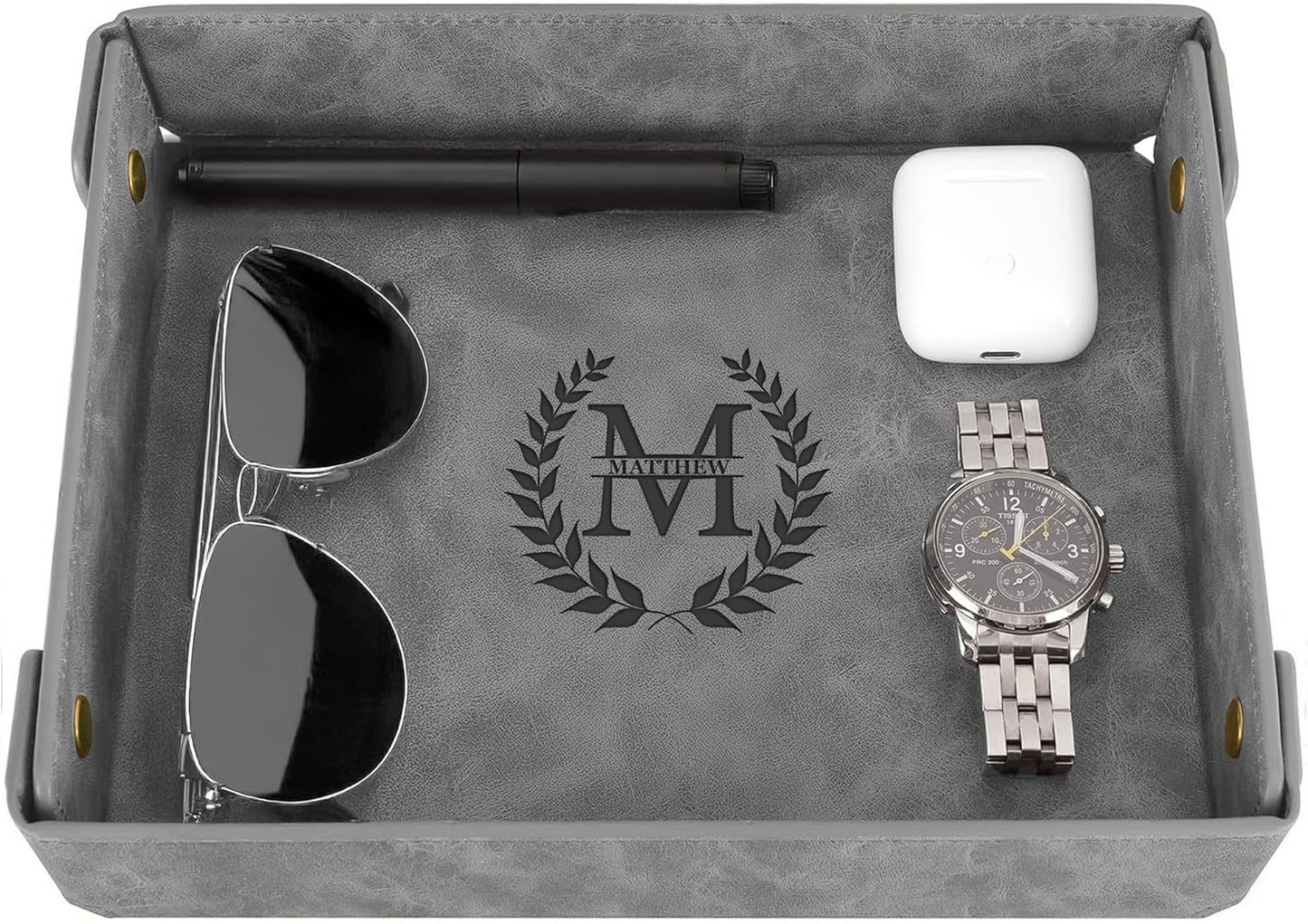 Engraved Leather Valet Tray for Men – Personalized Catchall with Custom Name for Desk, Dresser, Nightstand – Men's Organizer Tray for Keys, Wallet, Jewelry, Personalized Gift for Home, Office - Coffee
