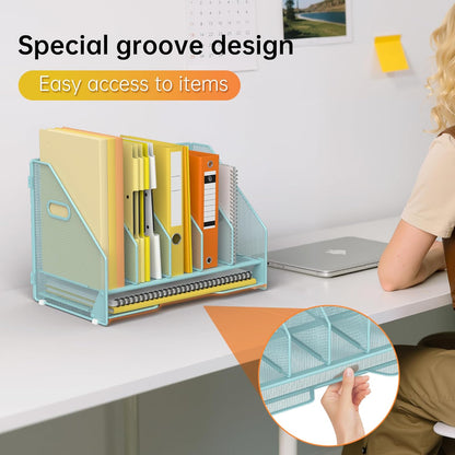 Docnest Desk File Holder Sorter, 4 Vertical Compartments Rack with Letter Tray, Mesh Magazine File Holder with Handle,Workspace Organizers,Desk Organizers for Paper, Mail, Documents-Black