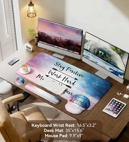 Desk Mat Set + Keyboard and Mouse Pad with Wrist Rest Support,4-in-1 Large Mousepad Computer Mats for Desktop Home & Office-Purple Butterflies