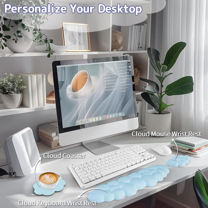 Sushret Cloud Wrist Rest Keyboard, Cloud Keyboard Wrist Pad Set with PU Leather Memory Foam, Cute Arm Rest for Palm Support, PC/Gaming Desk Accessories/Office Setup/Computer Hand Cushion - White