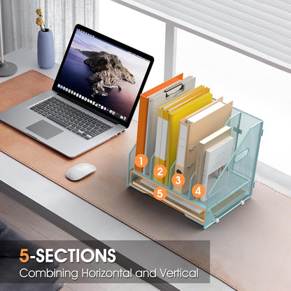 Desk File Folder Holder Organizer-5 Vertical Compartments Racks and Paper Letter Tray,Mesh Magazine File Holder Sorter,Desktop Accessories & Workspace Organizers for Home,Office,School-Black