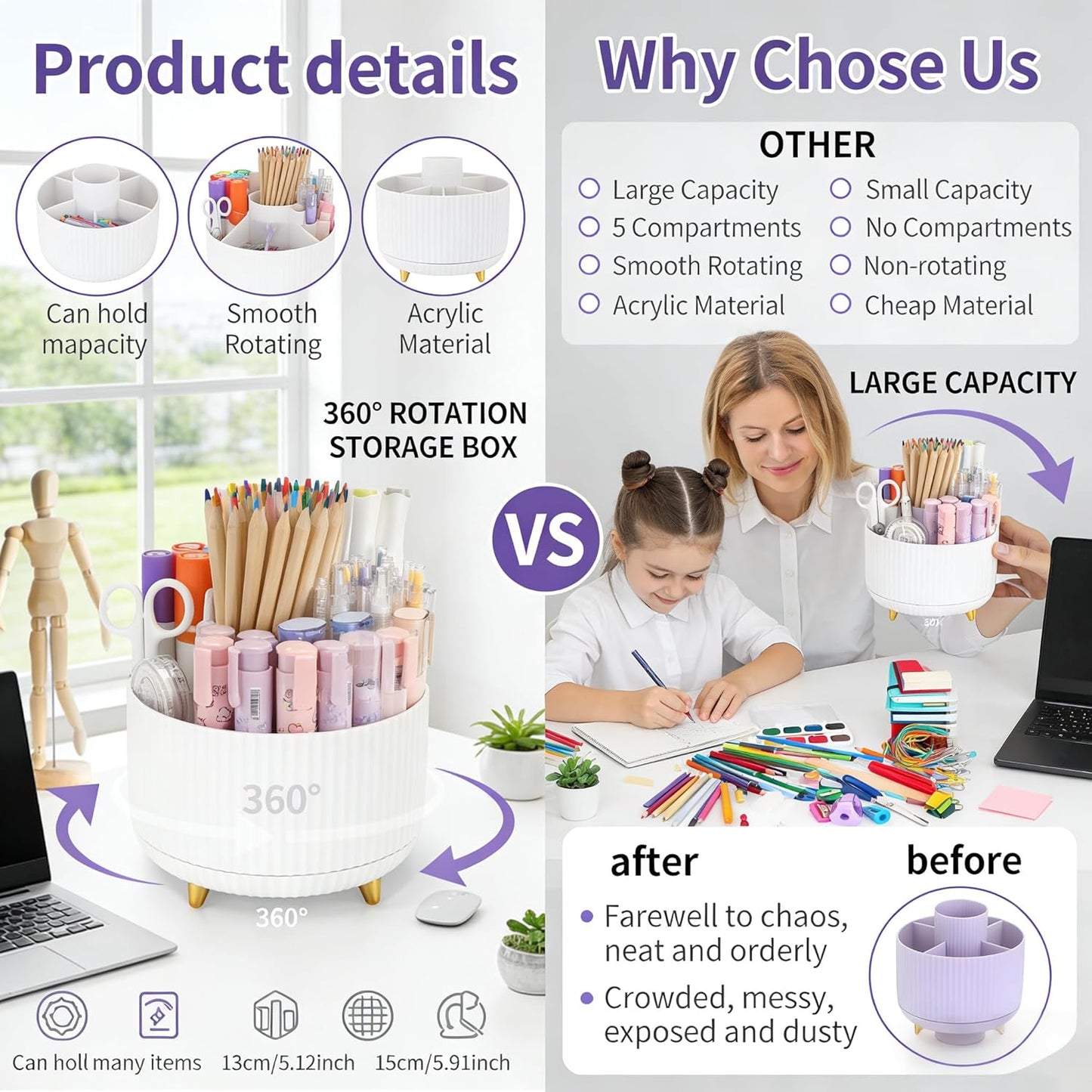 Camelmother Pen Holder For Desk With 5 Slots 360°Rotating Pencil Holder Makeup Organiezr Teacher Supplies Office decor (purple)