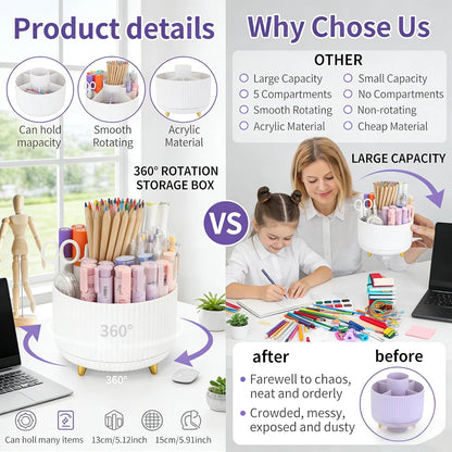 Camelmother Pen Holder For Desk With 5 Slots 360°Rotating Pencil Holder Makeup Organiezr Teacher Supplies Office decor (purple)
