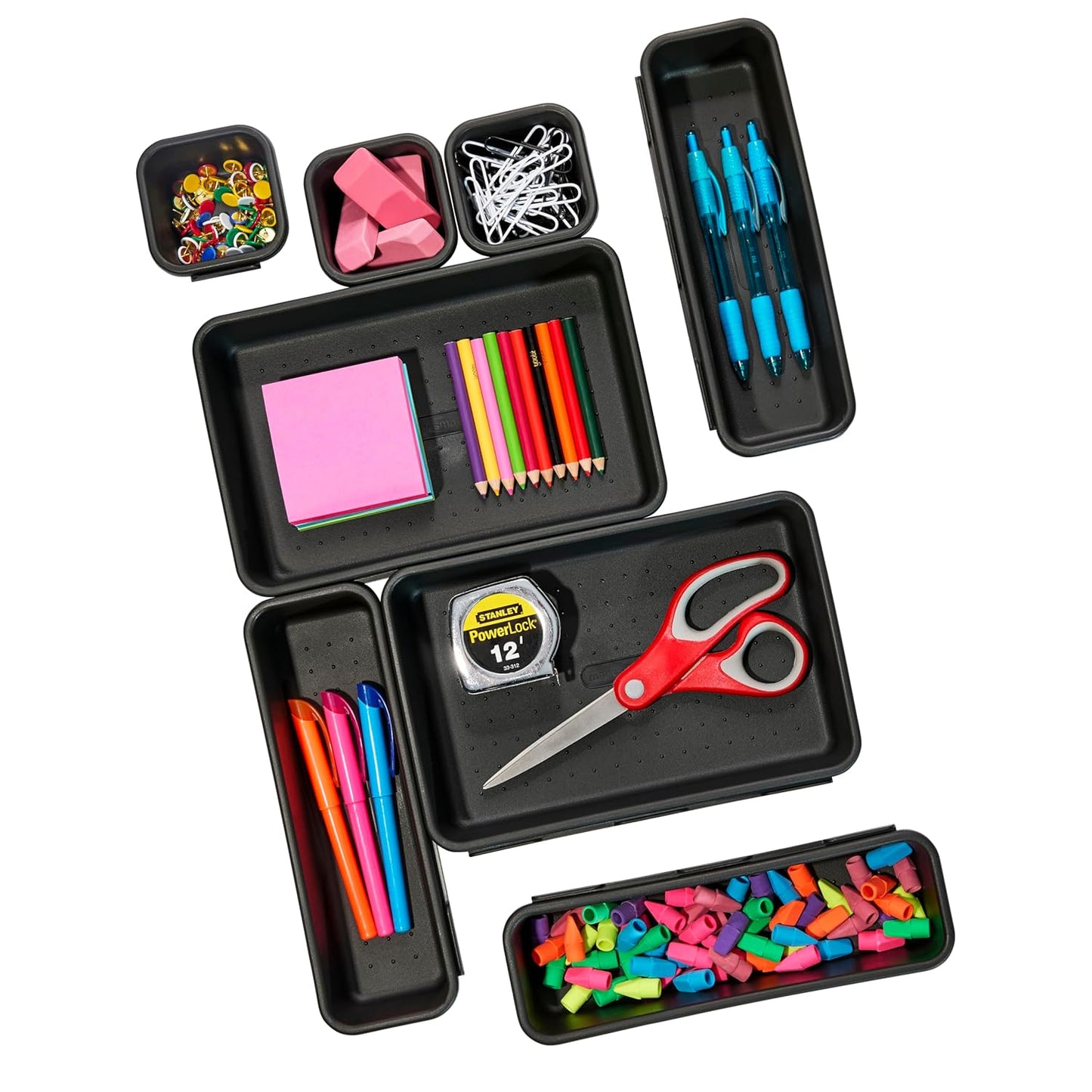 madesmart 8 Piece Interlocking Bin Pack, Customizable Drawer & Desk Organizer Set for Office, Kitchen, Bathroom & Tools, Durable Modular Storage Bins with Non-Slip Feet, Carbon