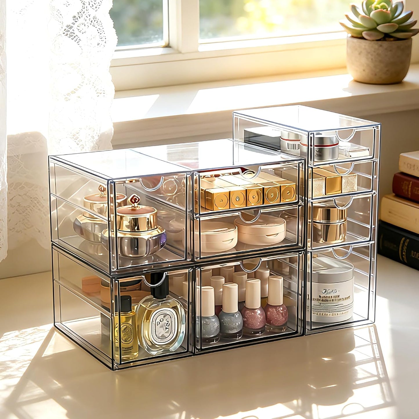 Prsildan Acrylic Makeup Organizer, 2 Pack Stackable Storage Drawers with 6 Drawers for Office Desk Vanity Craft Room Clear Drawer Organizers for Hair Accessories Art Supplies Cosmetics Modular System