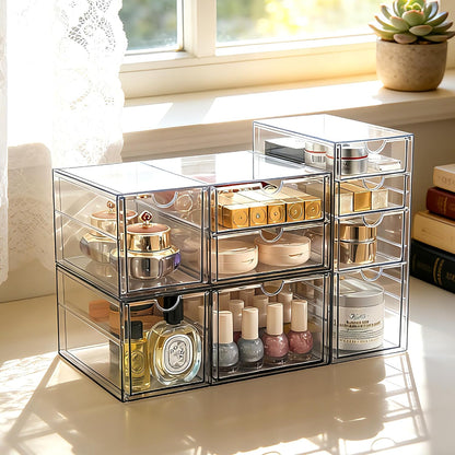 Prsildan Acrylic Makeup Organizer, 2 Pack Stackable Storage Drawers with 6 Drawers for Office Desk Vanity Craft Room Clear Drawer Organizers for Hair Accessories Art Supplies Cosmetics Modular System