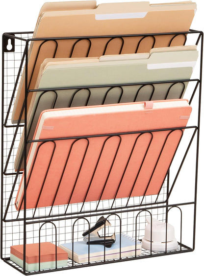 Mind Reader 5-Pocket Vertical File Storage, Desktop Organizer, Wall Mount, Office, Metal Mesh, Pink