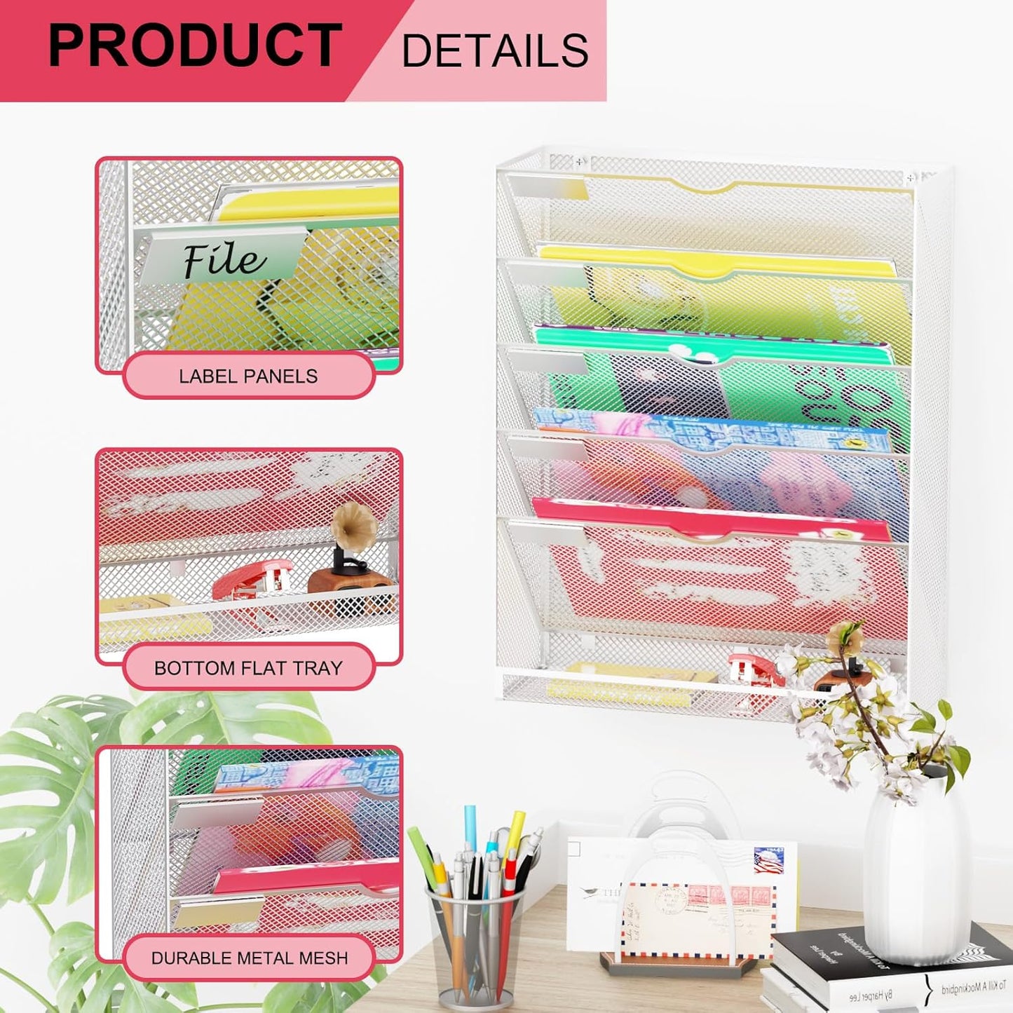 Wall File Organizer Holder Mesh Hanging Paper Document Holder,Vertical 6 Pocket Tier for Office Home, Black