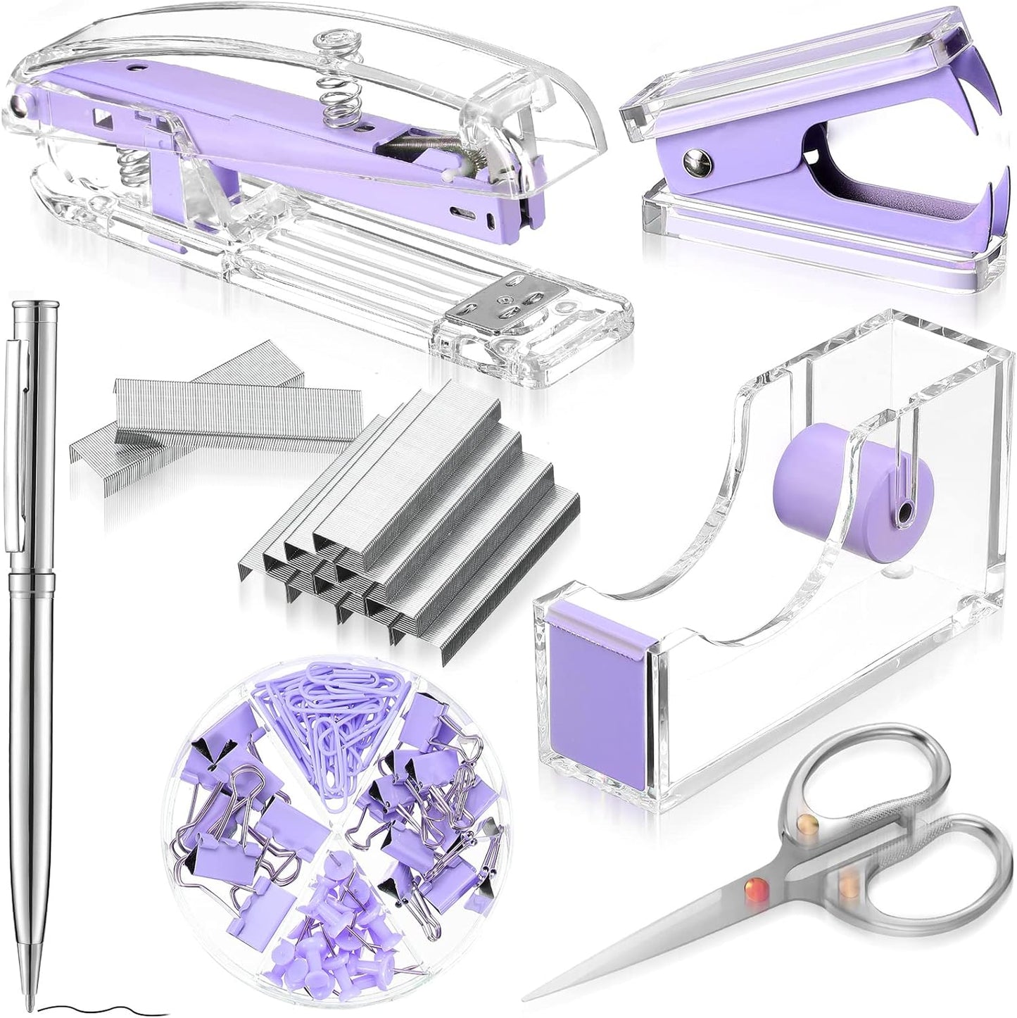 Office Supplies Set Desk Accessory Kit, Acrylic Stapler Set Staple Remover, Tape Dispenser, Binder Clips, Paper Clips, Ballpoint Pen and Scissor with 1000 Pieces 26/6 Staples (Silver)