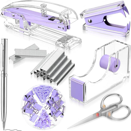 Office Supplies Set Desk Accessory Kit, Acrylic Stapler Set Staple Remover, Tape Dispenser, Binder Clips, Paper Clips, Ballpoint Pen and Scissor with 1000 Pieces 26/6 Staples (Silver)