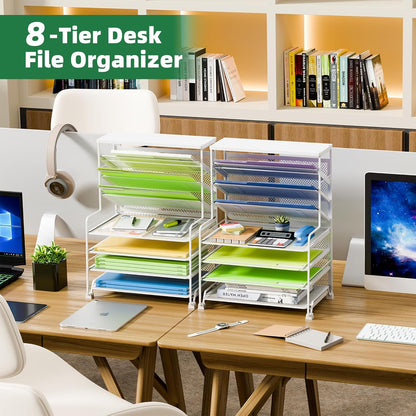 Simple Trending 7 Tier Desk File Organizer, Letter Tray Paper Organizer with Pen Holder and Metal Hanging Basket, Black