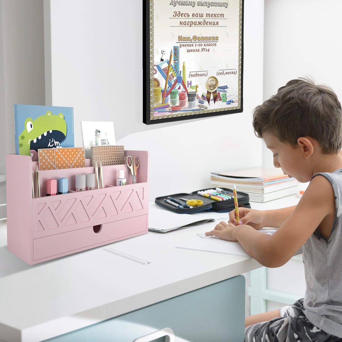 Bamboo Mail Organizer Countertop Desktop with Drawer - Desk Organizer with File Organizer for Office Supplies All-in-One Desk File Organization with Pencil Holder for Paper Letter Envelope Bill