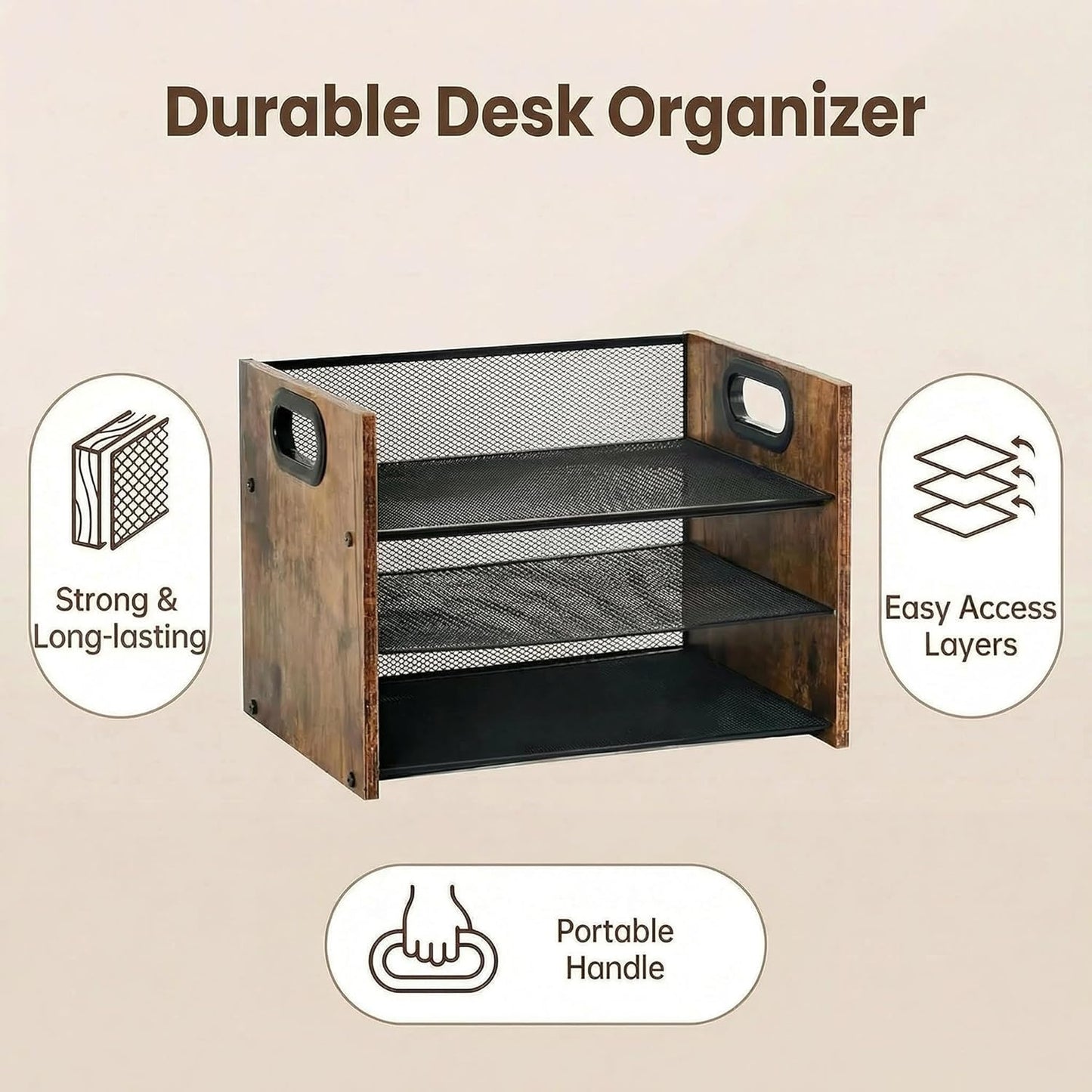 Wood Desk Organizer - 3-Tier Desktop File Organizer with Drawer, Wooden Paper Tray, Office Desk Organzier and Accessories for Papers, Mail, Notebooks, Stationery