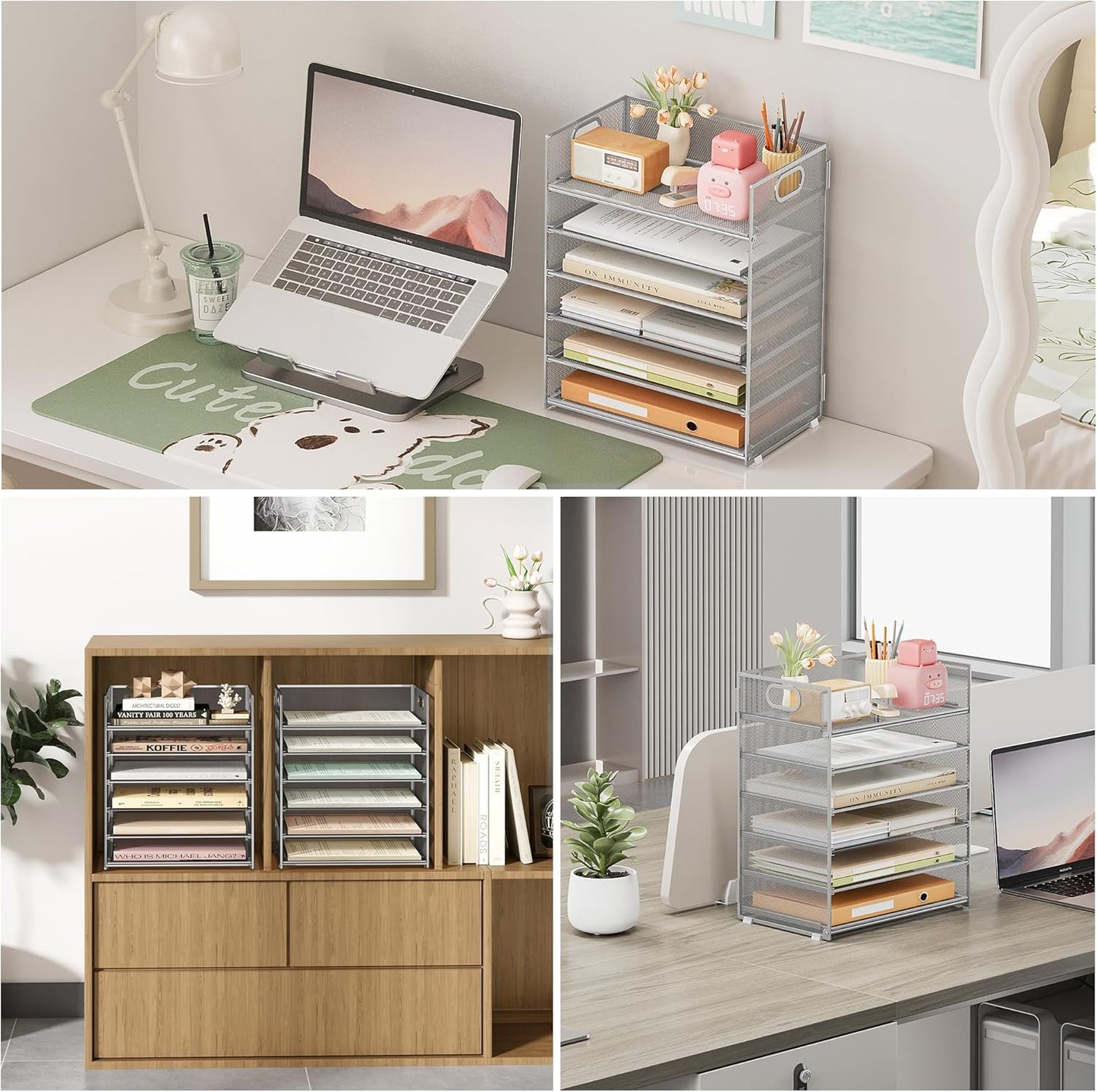 Subekyu 6 Tier Office File Paper Desk Tray Organizer with Handle, Stackable Slide Mesh Letter Tray Folder Blue Desk Organizer, Desktop Document Sorter for Classroom, Office, Home Supplies Storage