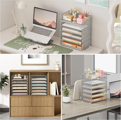 Subekyu 6 Tier Office File Paper Desk Tray Organizer with Handle, Stackable Slide Mesh Letter Tray Folder Blue Desk Organizer, Desktop Document Sorter for Classroom, Office, Home Supplies Storage